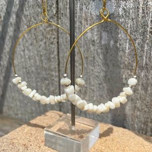 New handcrafted gold pearl chip hoop earrings - boho, retro, simple, casual